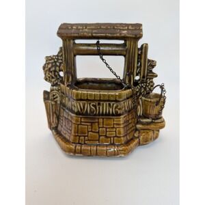 McCoy Pottery Brown Ceramic Wishing Well Planter Metal Chain Bucket Vintage USA